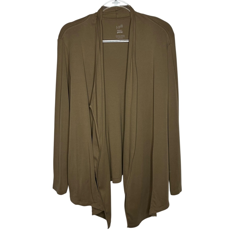 J Jill Perfect Pima Cascade Cardigan 2X‎ Women Olive Brown Cotton Open Front